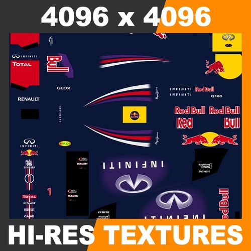 F1 2013 Red Bull RB9 - Infiniti Red Bull Racing 3D Model .max .obj .3ds .fbx .lwo .lw .lws .c4d