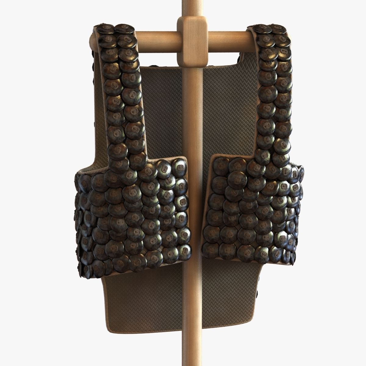 Old scale body armor on wood hanger 3D Model .max .obj .3ds .fbx