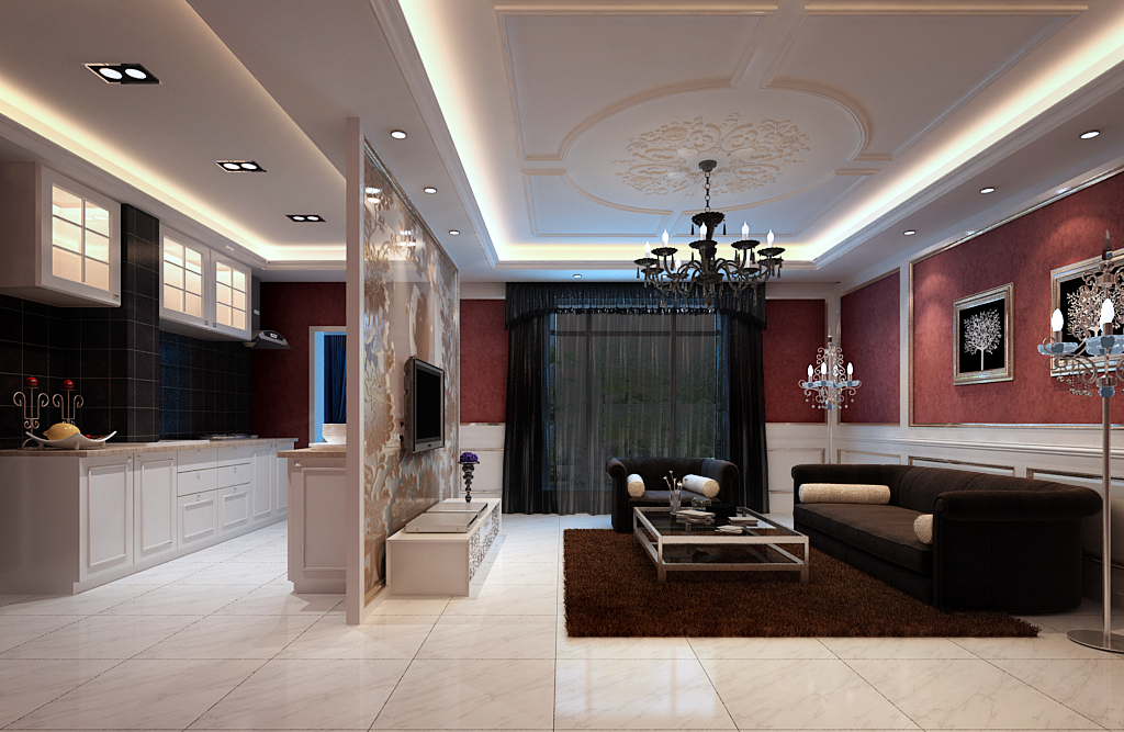 Modern Living Room Connected With Kitchen 3D Model .max