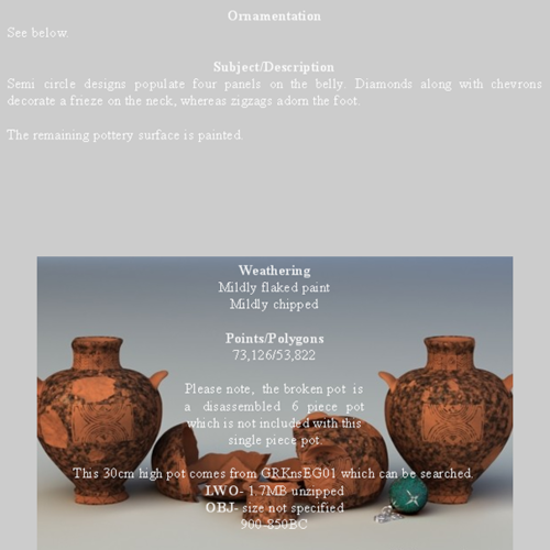 Greek Early Geometric Amphora Single Piece Pot GRKamp6622EG01 3D Model .obj .lwo .lw .lws