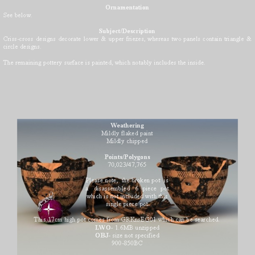 Greek Corinthian Early Geometric Skyphos Single Piece Pot GRKskc32EG01 3D Model .obj .lwo .lw .lws