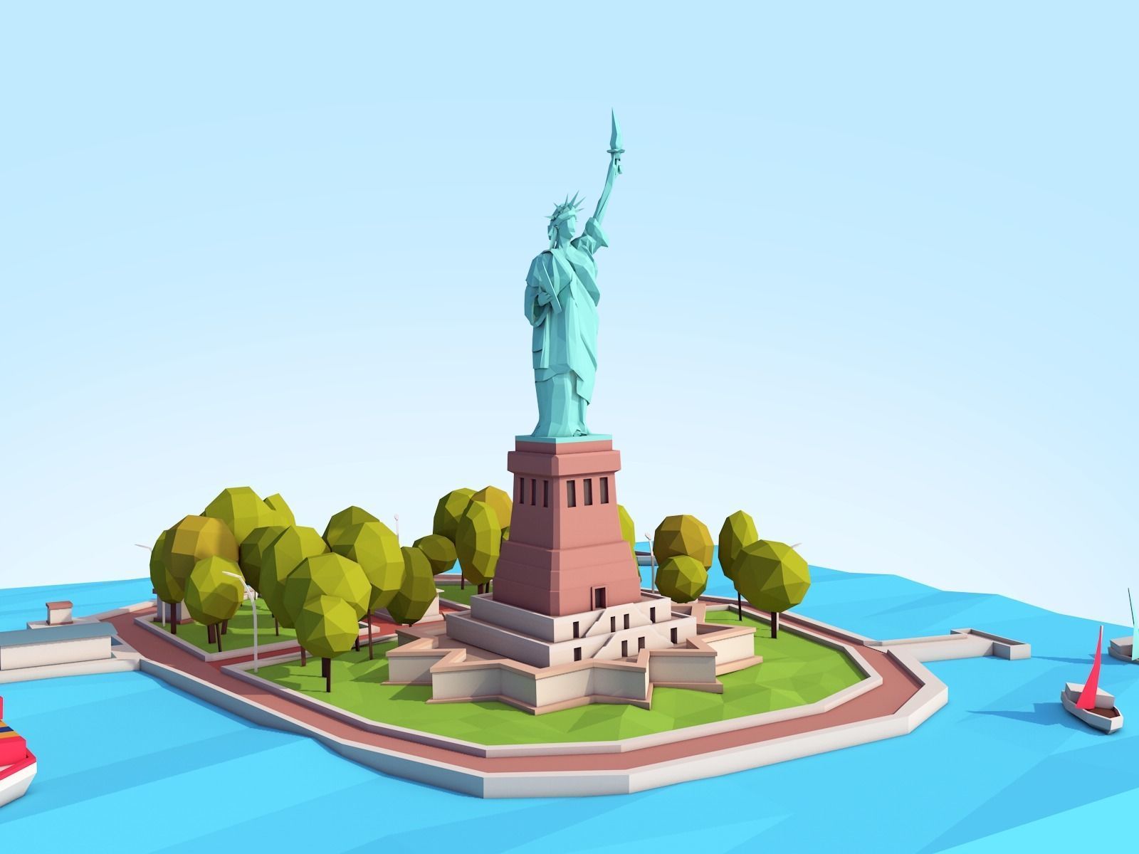 Low Poly Statue Of Liberty Scene Low-poly 3D model_1