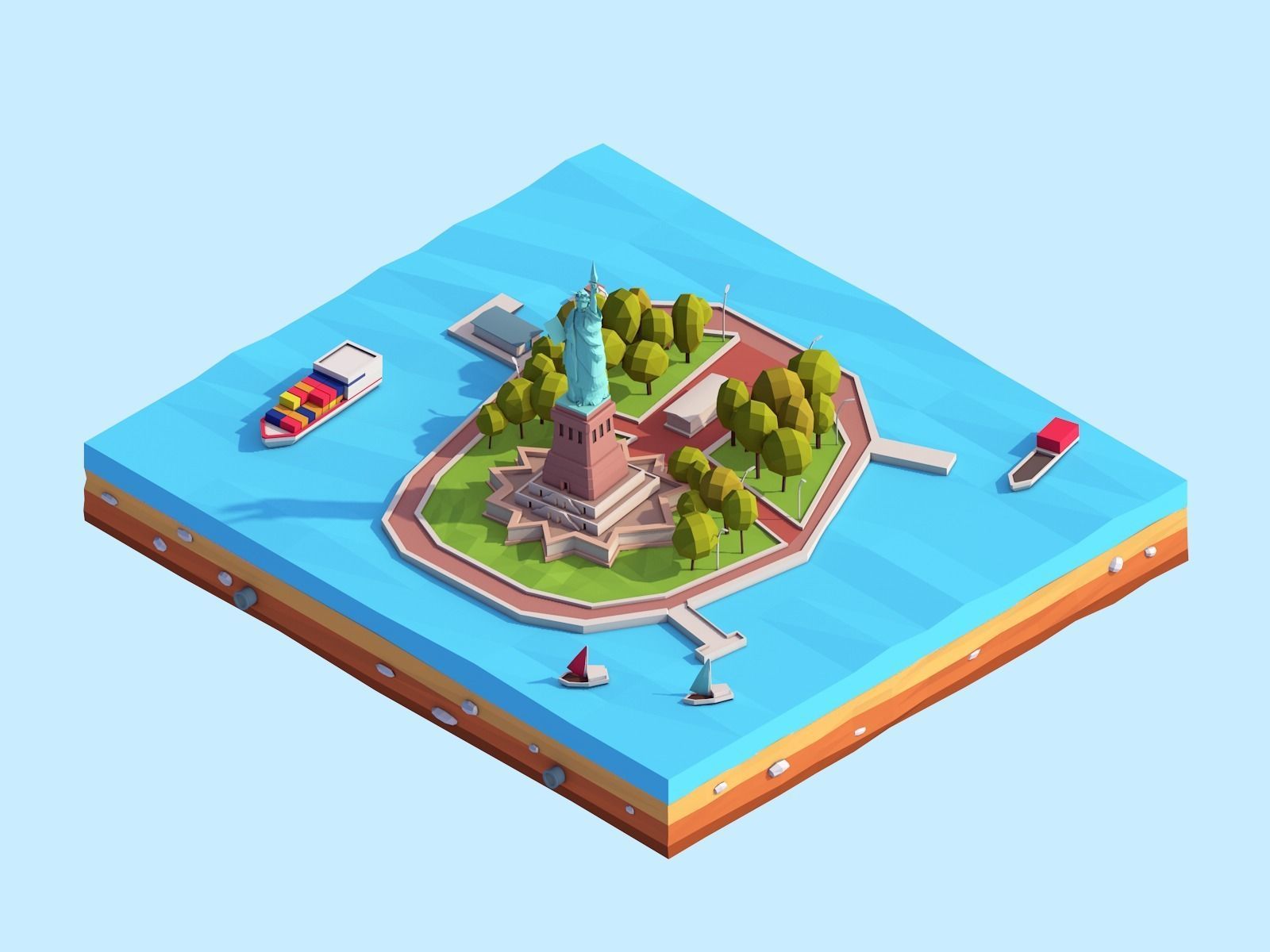 Low Poly Statue Of Liberty Scene Low-poly 3D model_2