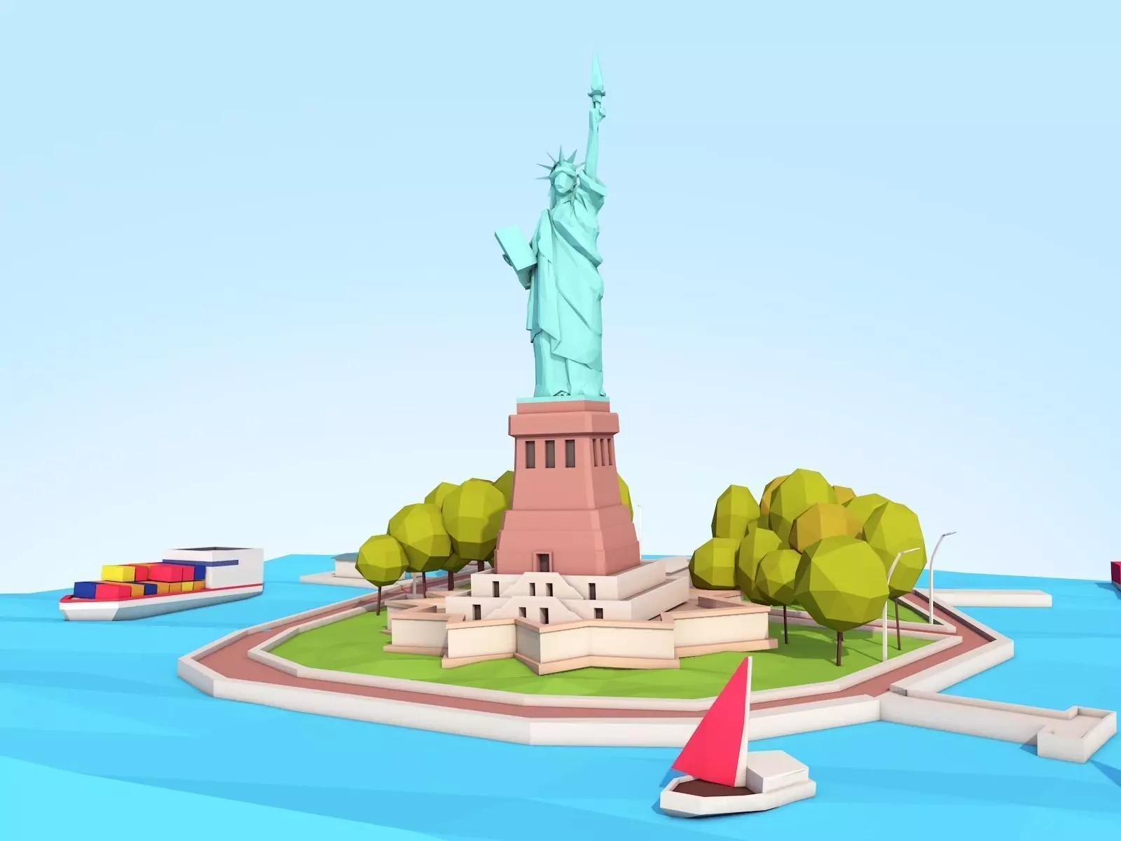 Low Poly Statue Of Liberty Scene Low-poly 3D model_0