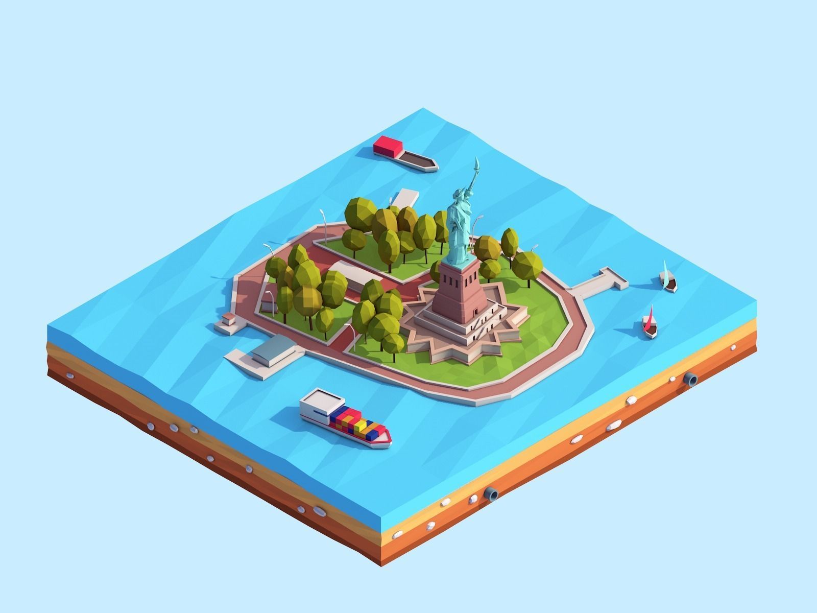 Low Poly Statue Of Liberty Scene Low-poly 3D model_3