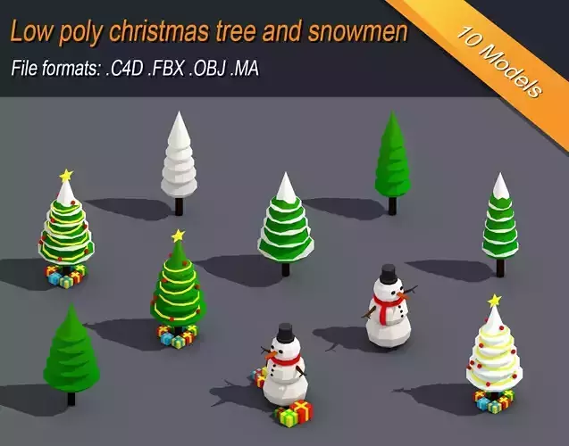 Low Poly Christmas Tree And Snowmen Gift Isometric