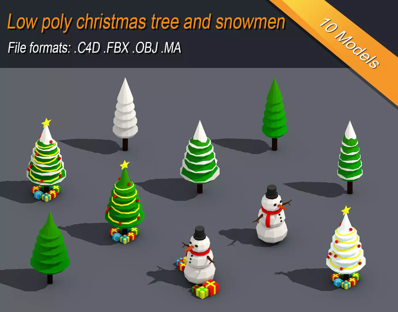 Low Poly Christmas Tree And Snowmen Gift Isometric Low-poly 3D model_0