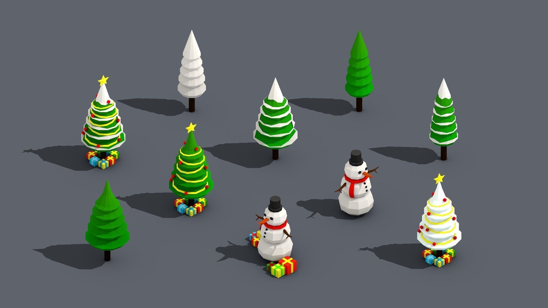Low Poly Christmas Tree And Snowmen Gift Isometric Low-poly 3D model_1