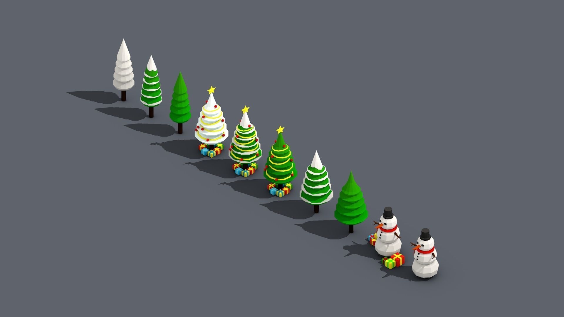 Low Poly Christmas Tree And Snowmen Gift Isometric Low-poly 3D model_2