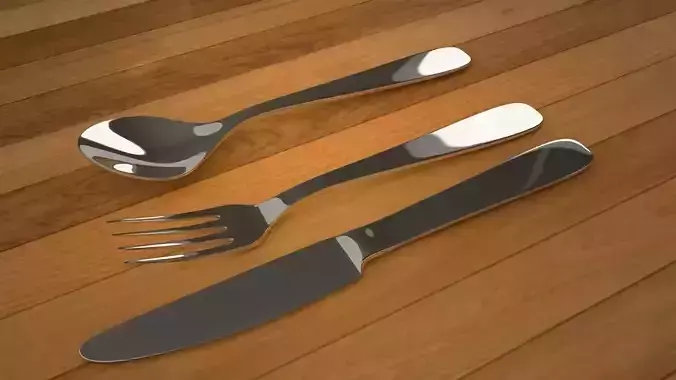 3D Spoon Set of silverware on wooden table