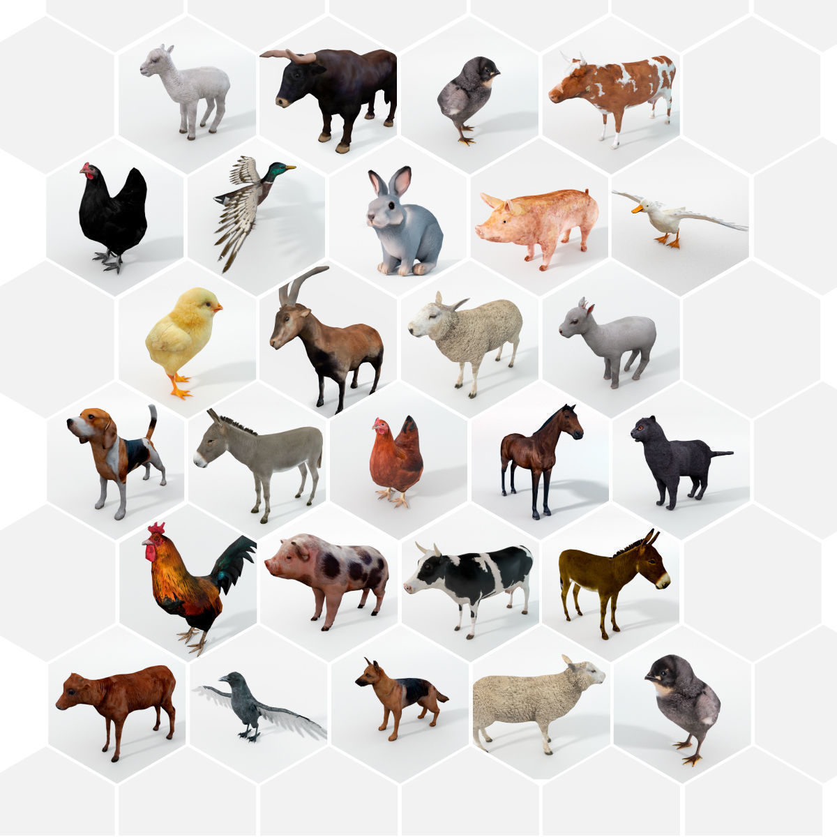 25 Farm - Domestic Animal Models Pack Low-poly 3D model_1