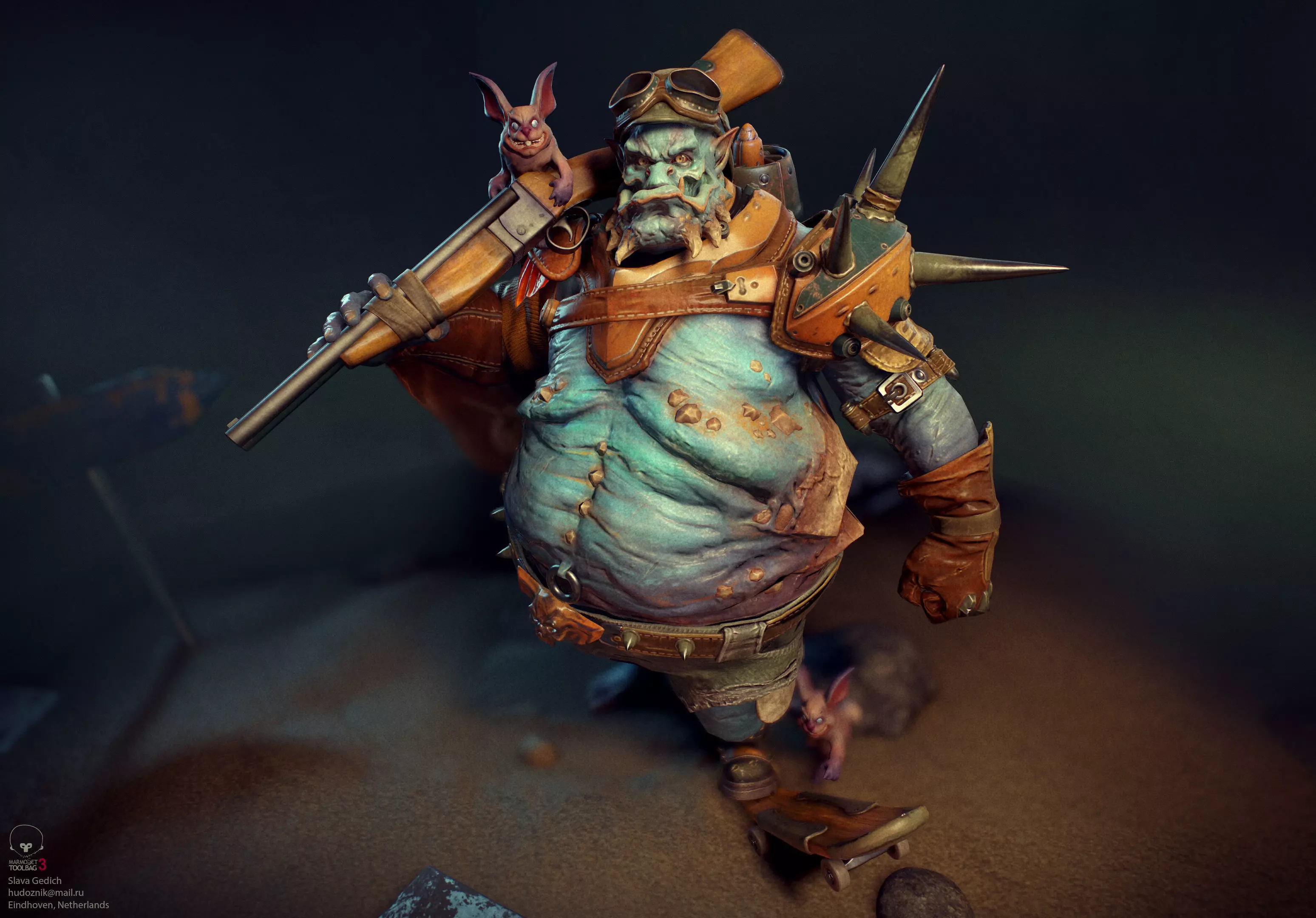 Crasus man with gun and skateboard Low-poly 3D model_0