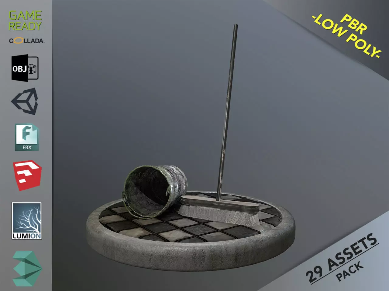 Broom Brush and Bucket Pack Low-poly 3D model_0