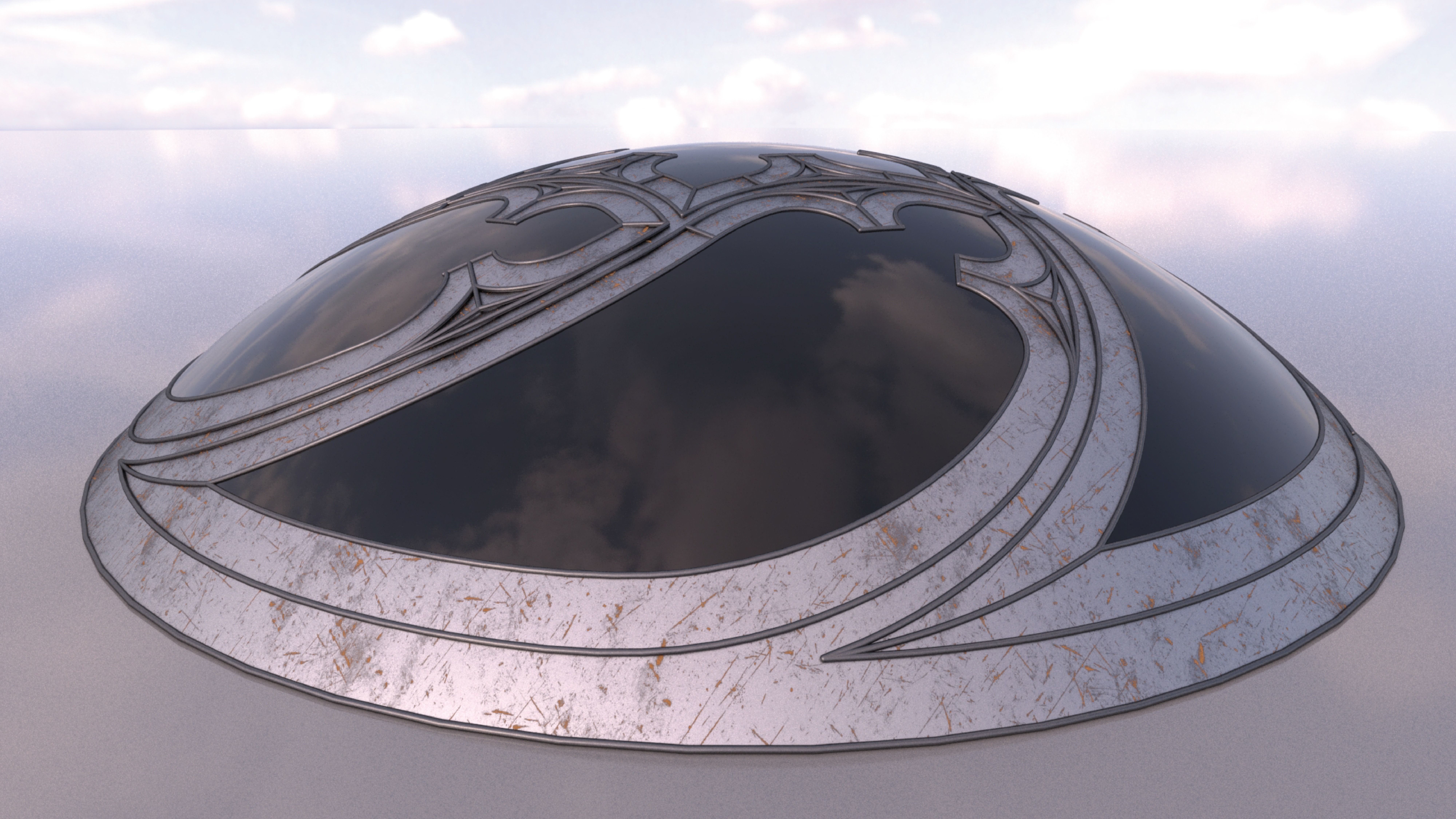 Dome with hexagonal pattern glass and steel structure Low-poly 3D model_1