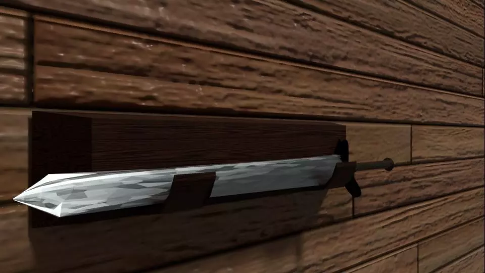 Low Poly Sword hanging on wooden wall Free low-poly 3D model