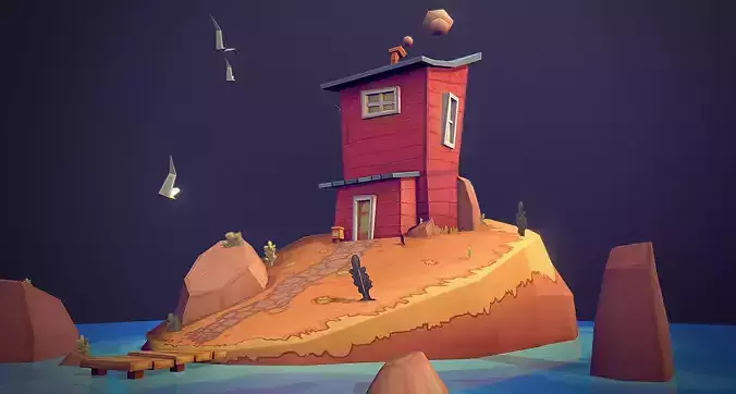 Low-poly Island house on in ocean