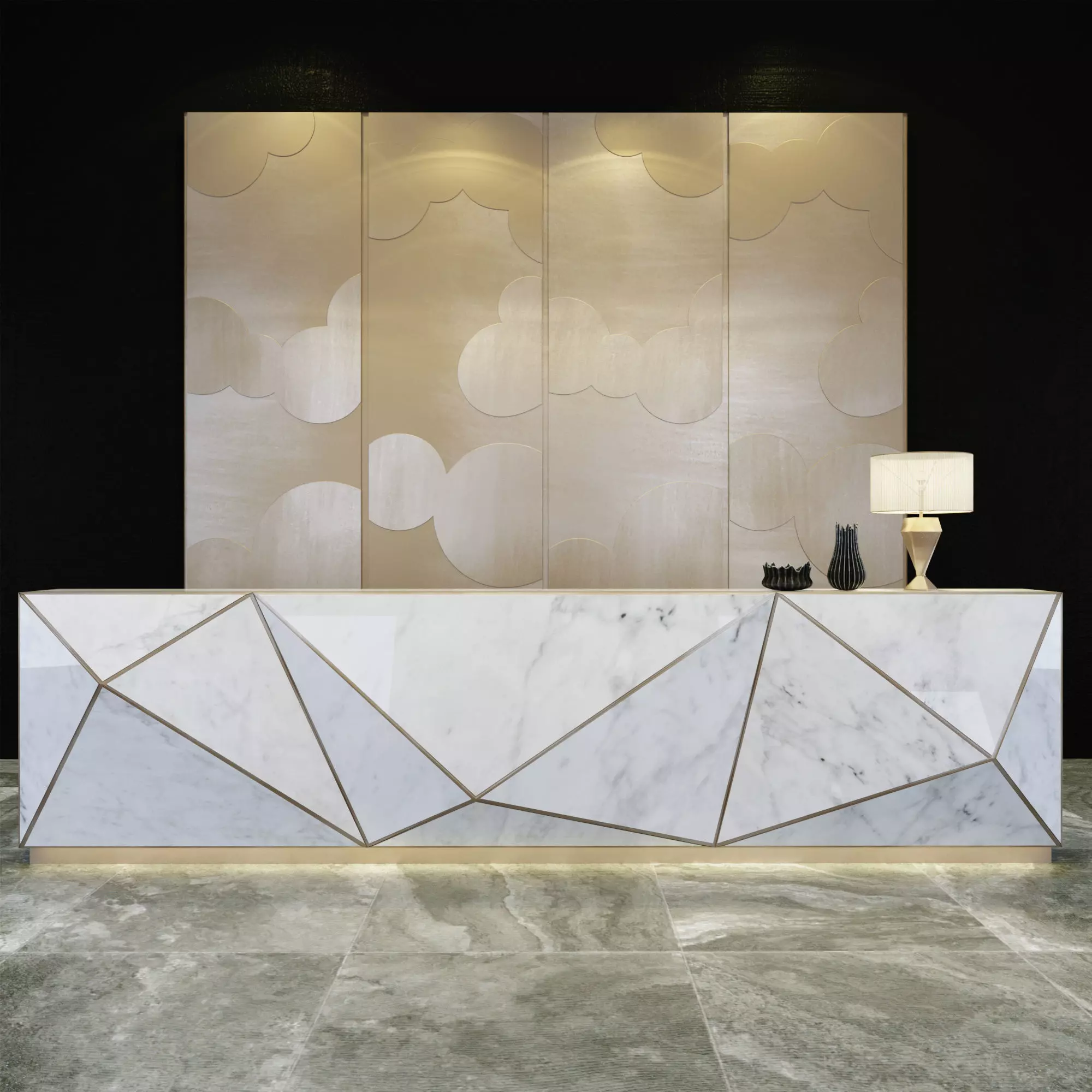 Reception marble desk with geometric design 3D model_0