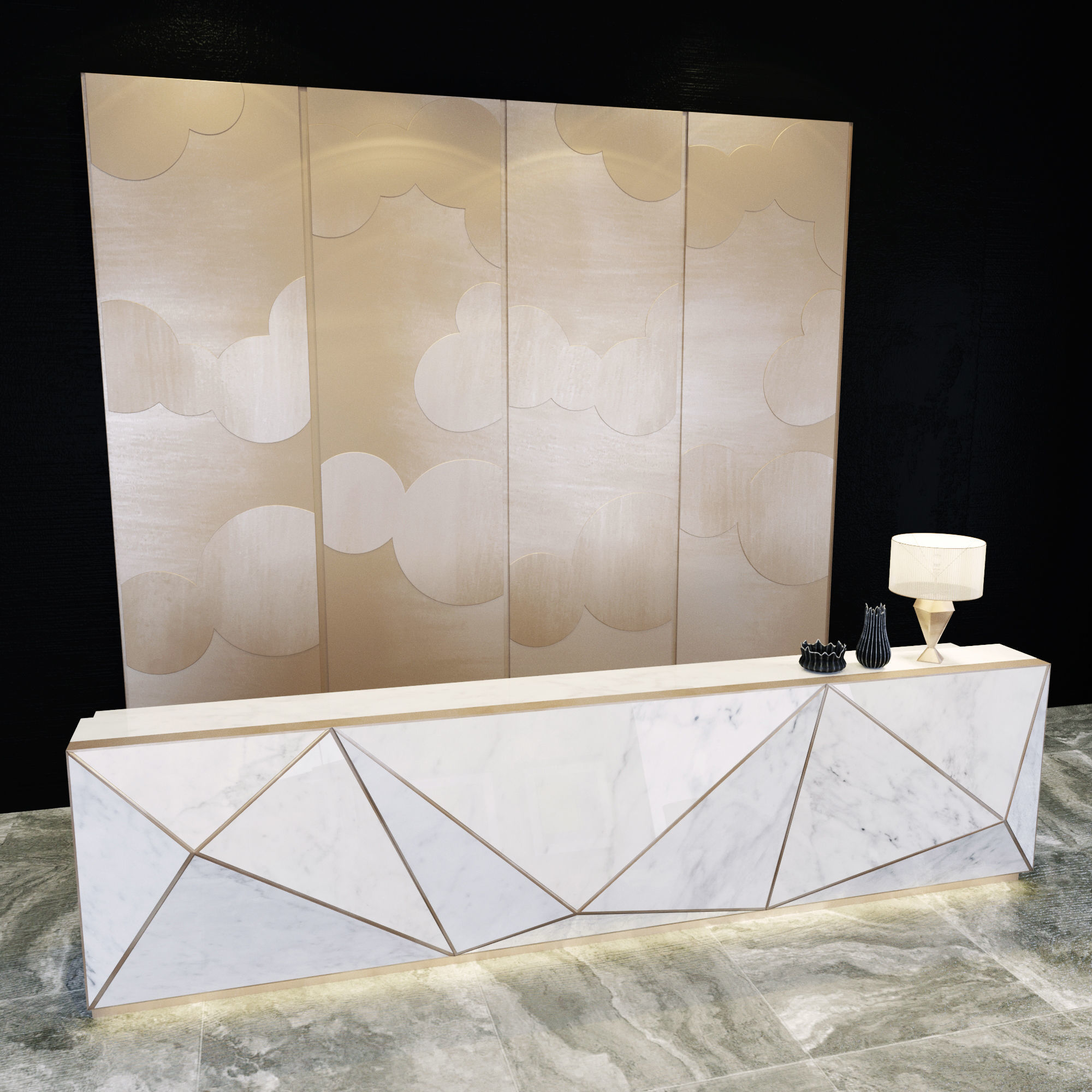 Reception marble desk with geometric design 3D model_1