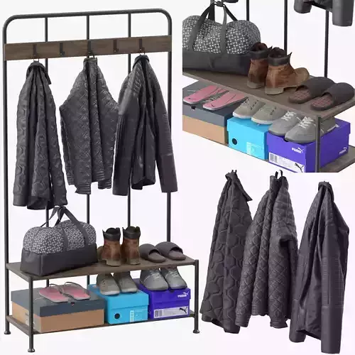 Hallway coat rack with clothes and shoes 3D model