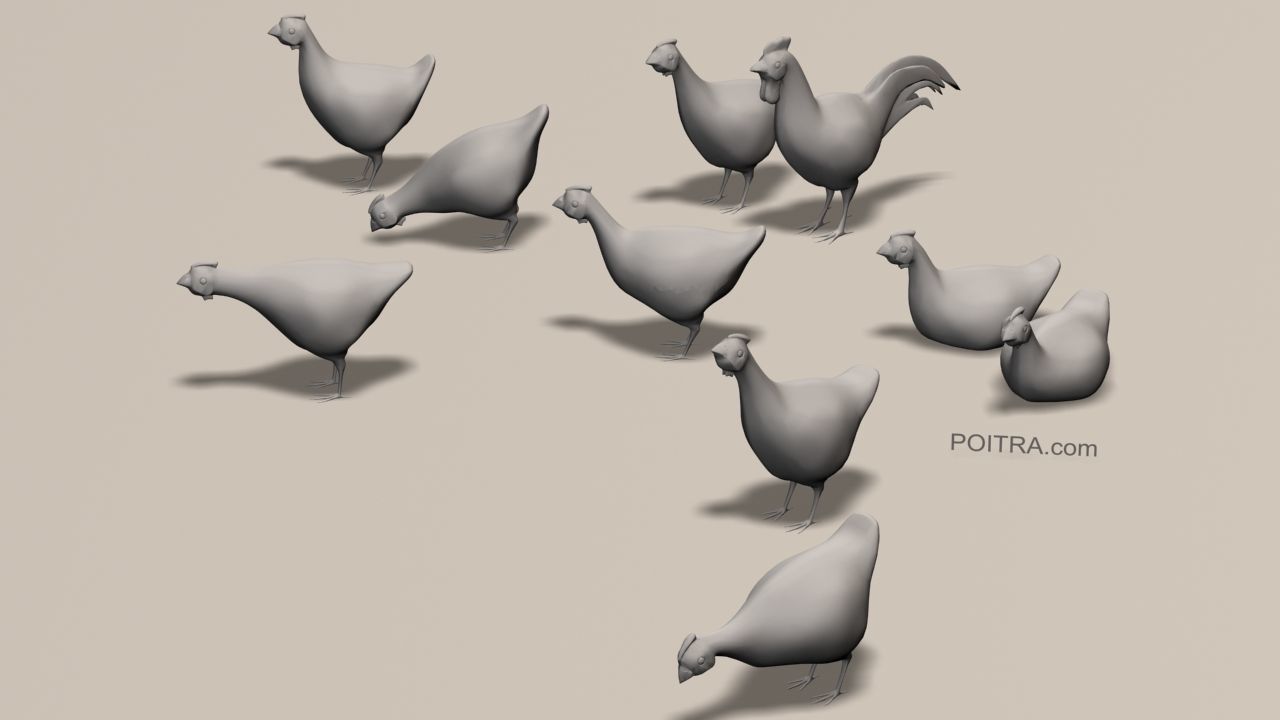 Chicken Ranch - Rooster and 9 Posed Hens - Black -  3D model_2