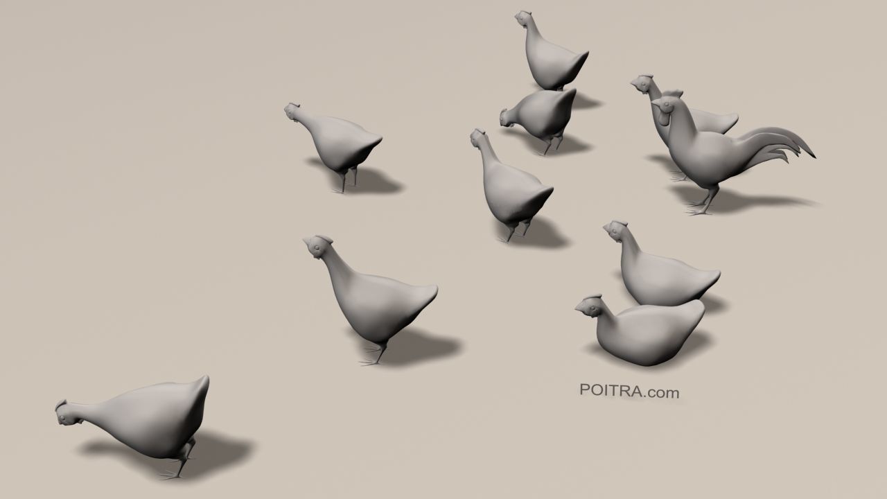 Chicken Ranch - Rooster and 9 Posed Hens - Black -  3D model_5