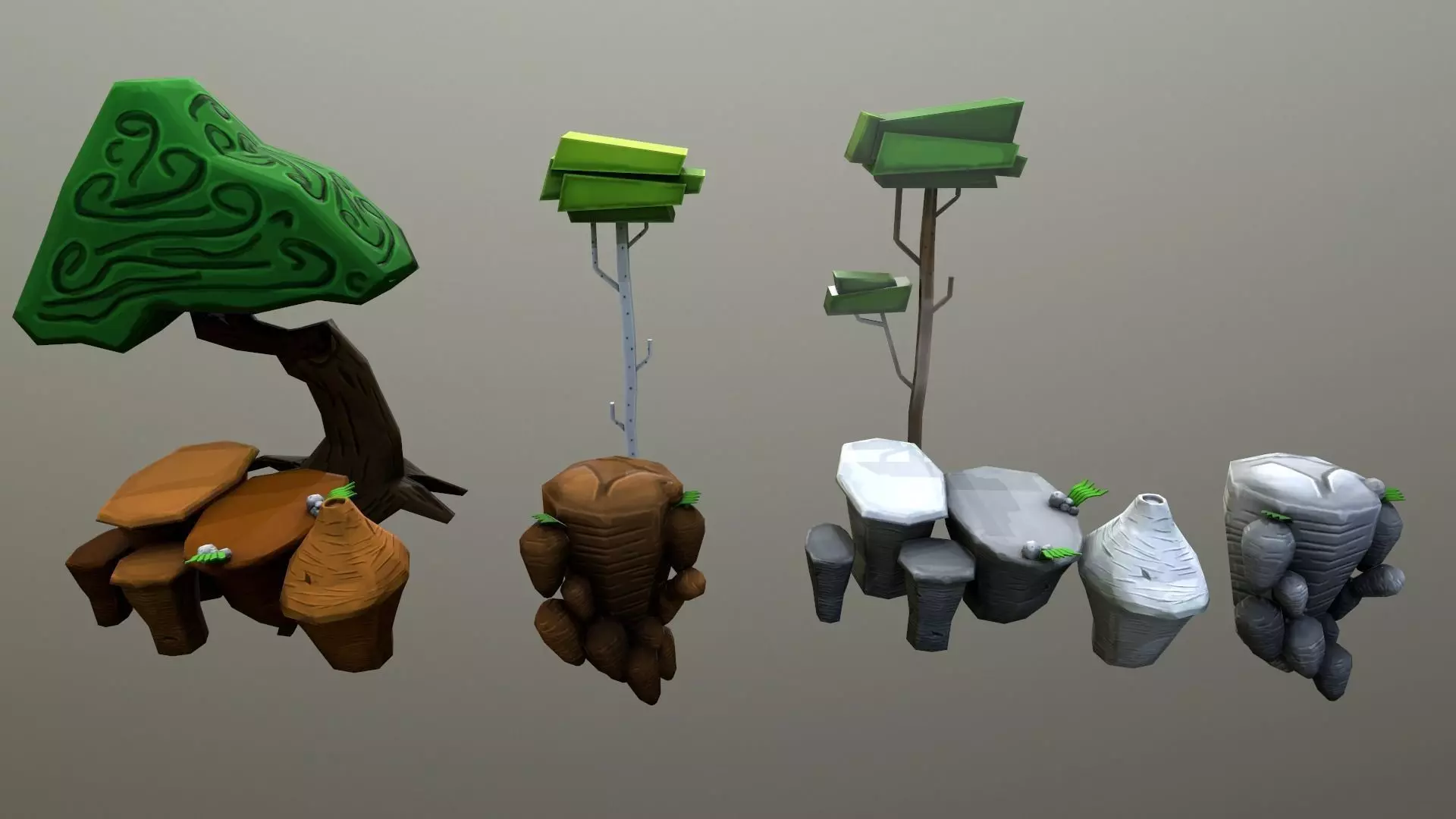 Stylized Modular Trees and Rocks Low-poly 3D model