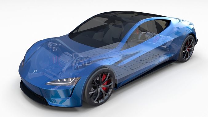 Tesla Roadster 2020 Electric Blue with interior and chassis 3D model