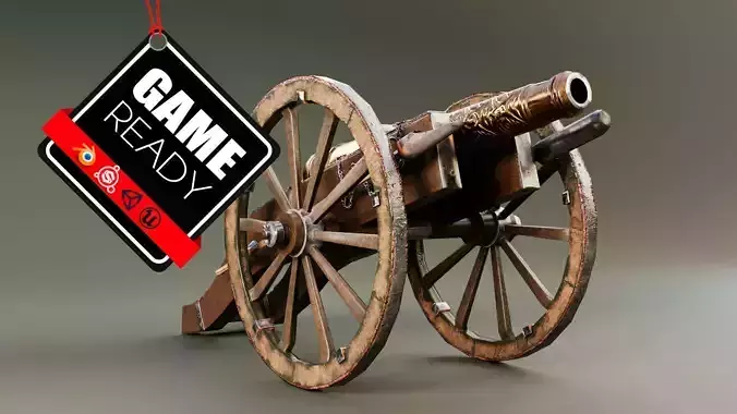 Cannon on wheels Low-poly 3D model