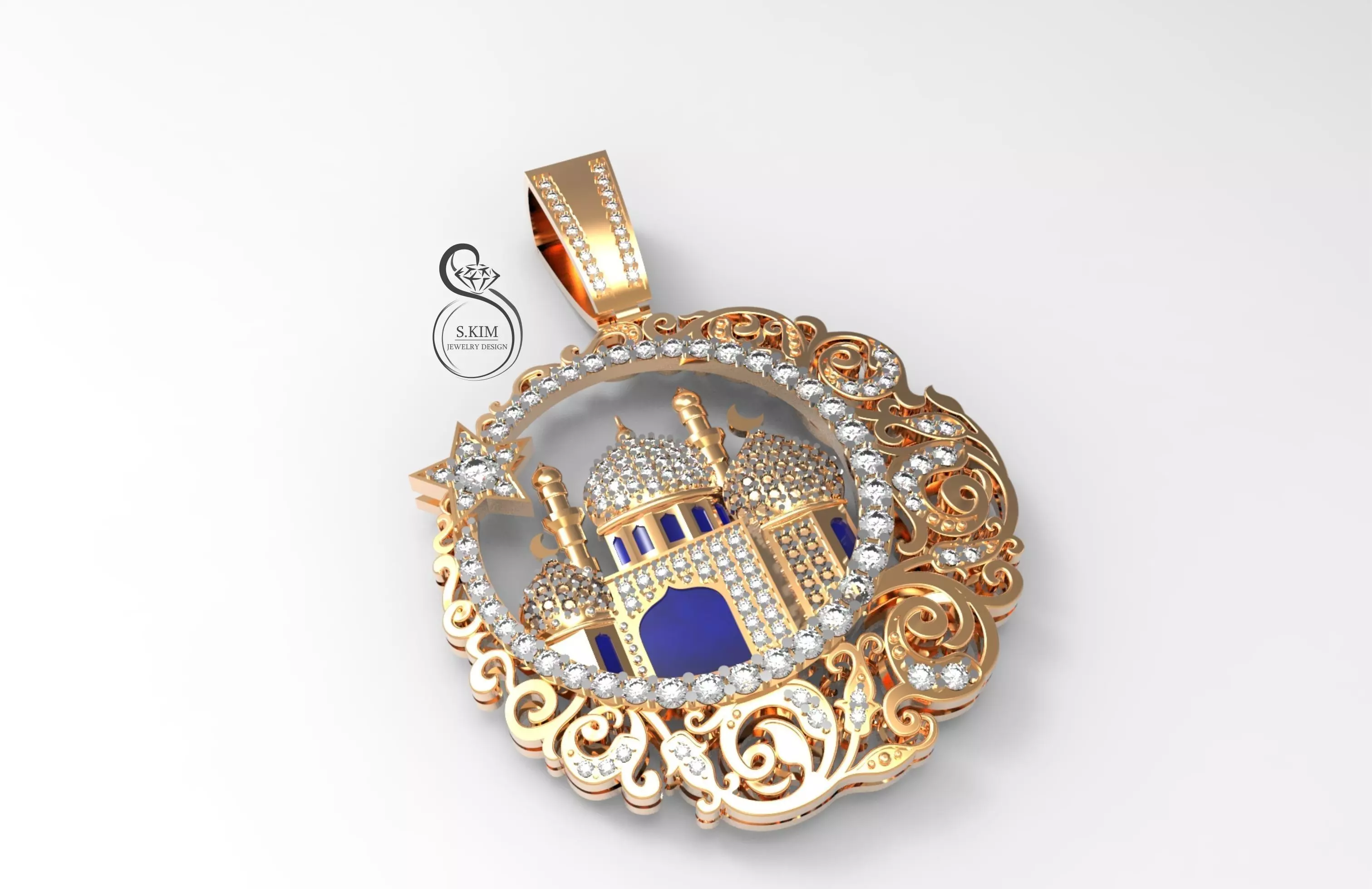 Pendant muslim mosque with gems and enamel 3D print model