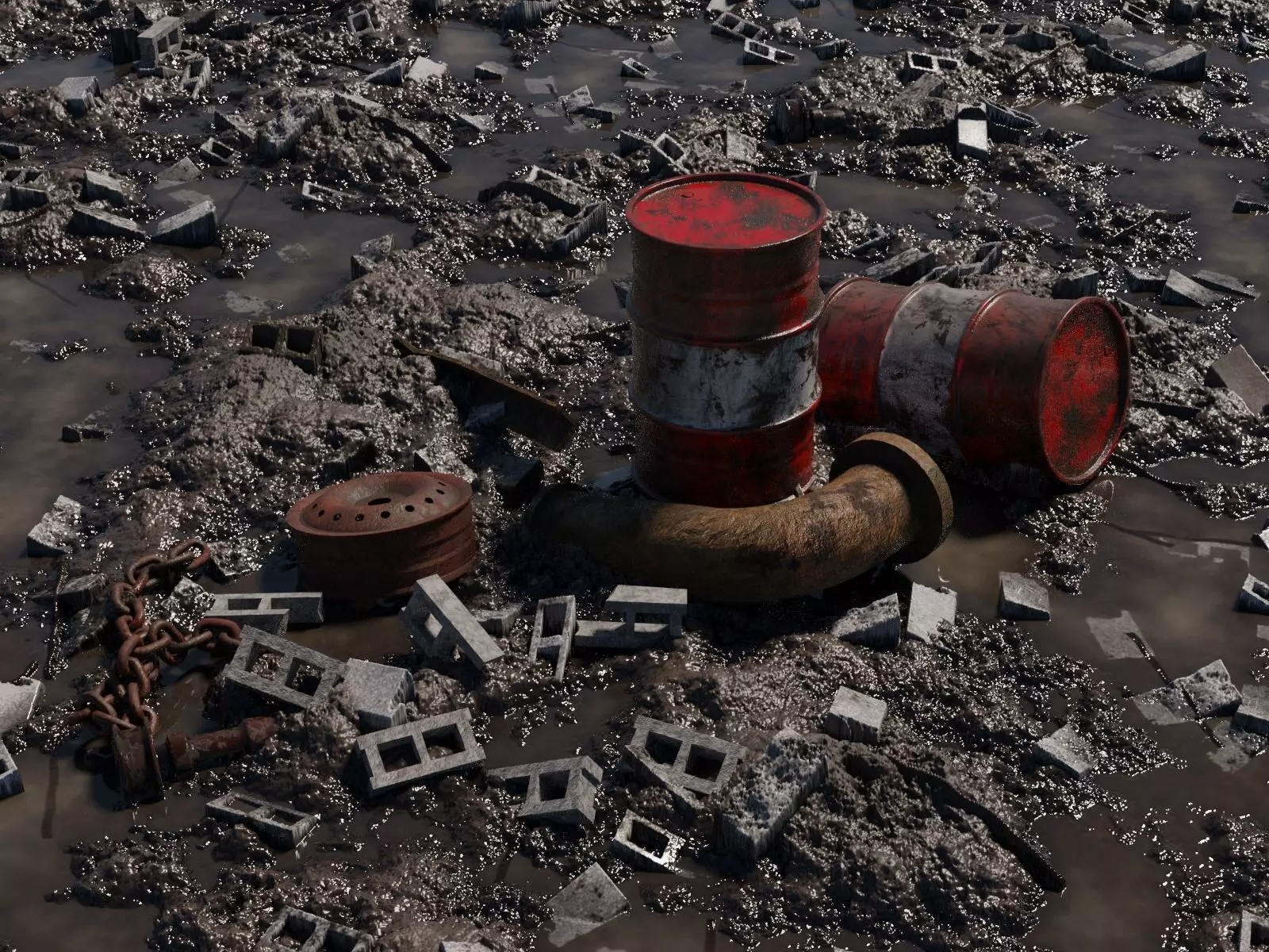 Muddy Junkyard Blender Scene with Props and Debris 3D model_0
