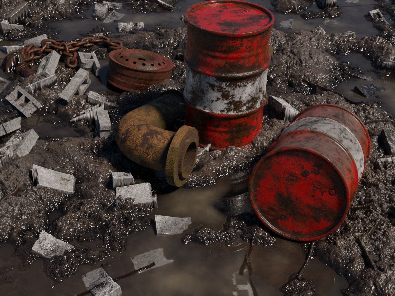 Muddy Junkyard Blender Scene with Props and Debris 3D model_2