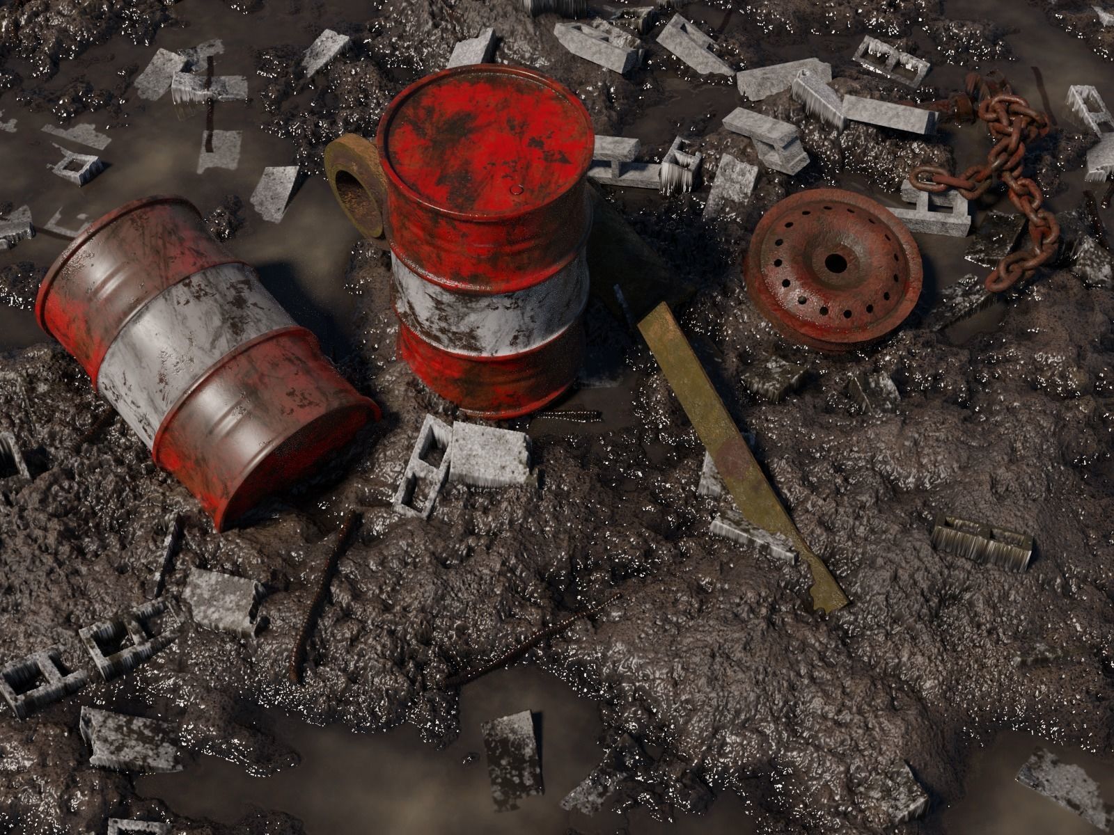 Muddy Junkyard Blender Scene with Props and Debris 3D model_1