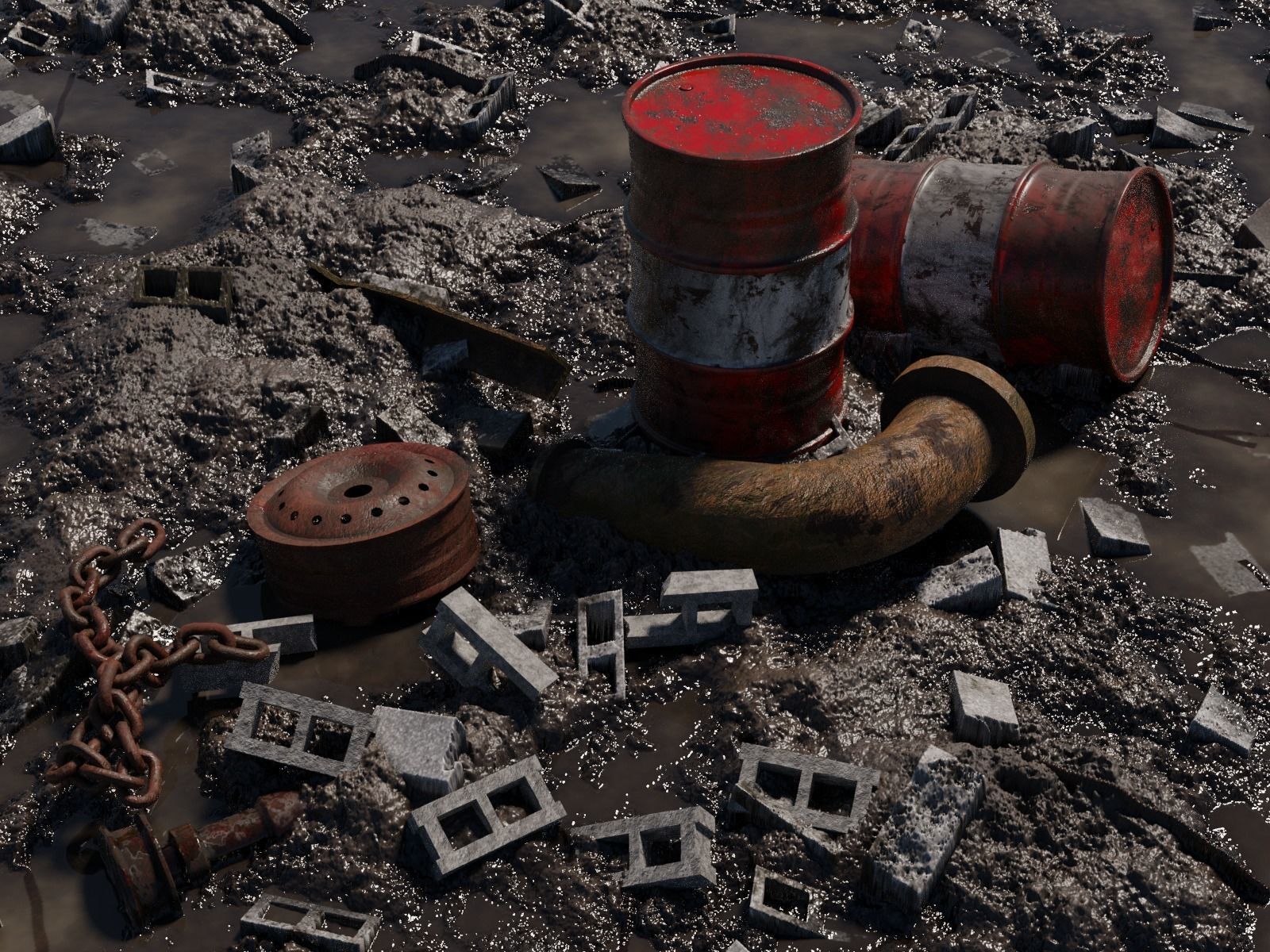 Muddy Junkyard Blender Scene with Props and Debris 3D model_4