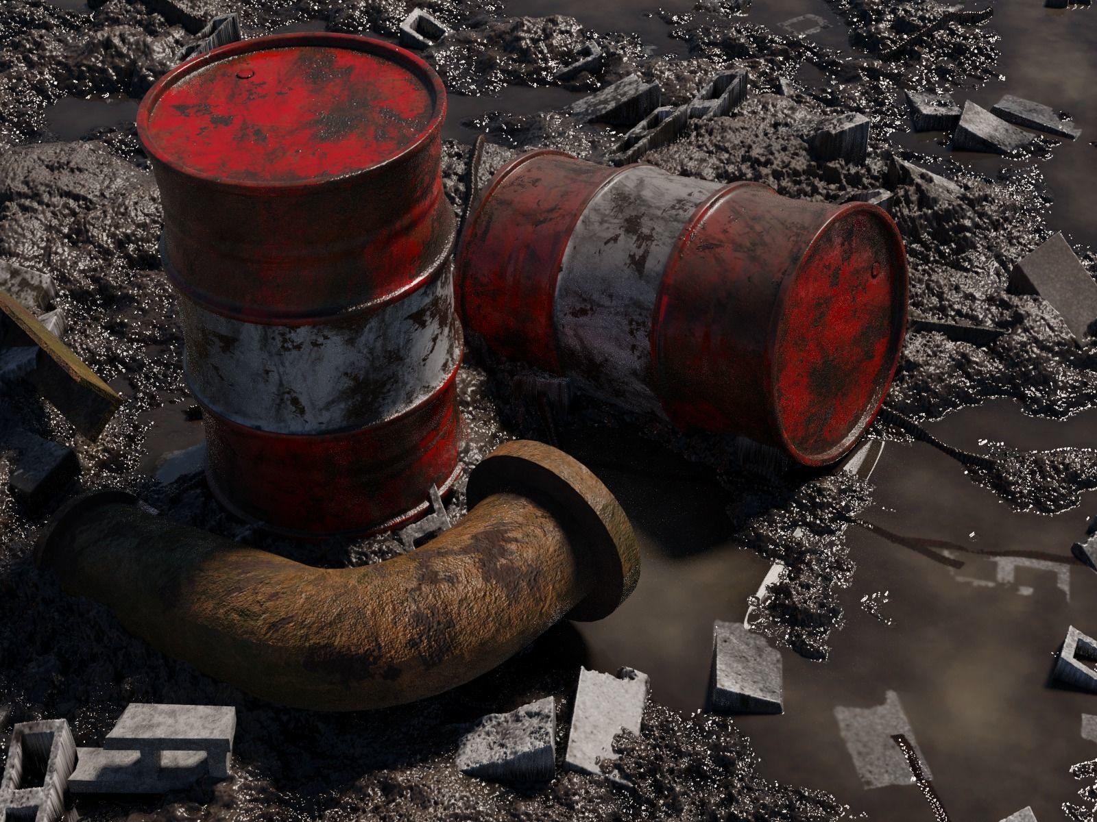 Muddy Junkyard Blender Scene with Props and Debris 3D model_3