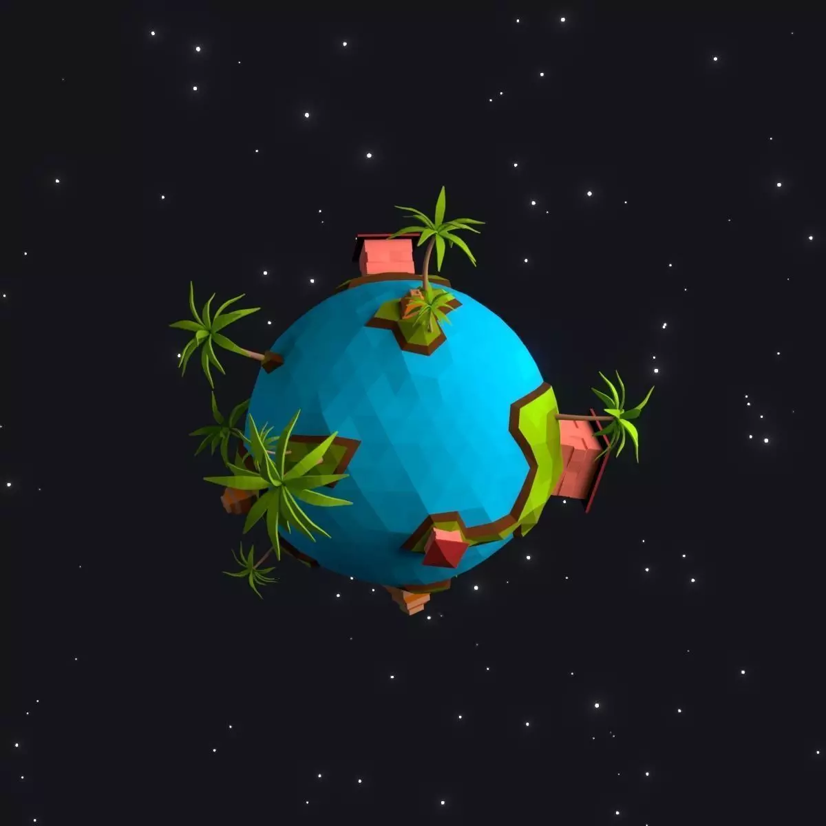 Low-Poly Planet earth with houses and palm trees Low-poly 3D model_0