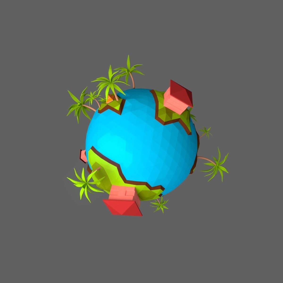 Low-Poly Planet earth with houses and palm trees Low-poly 3D model_4
