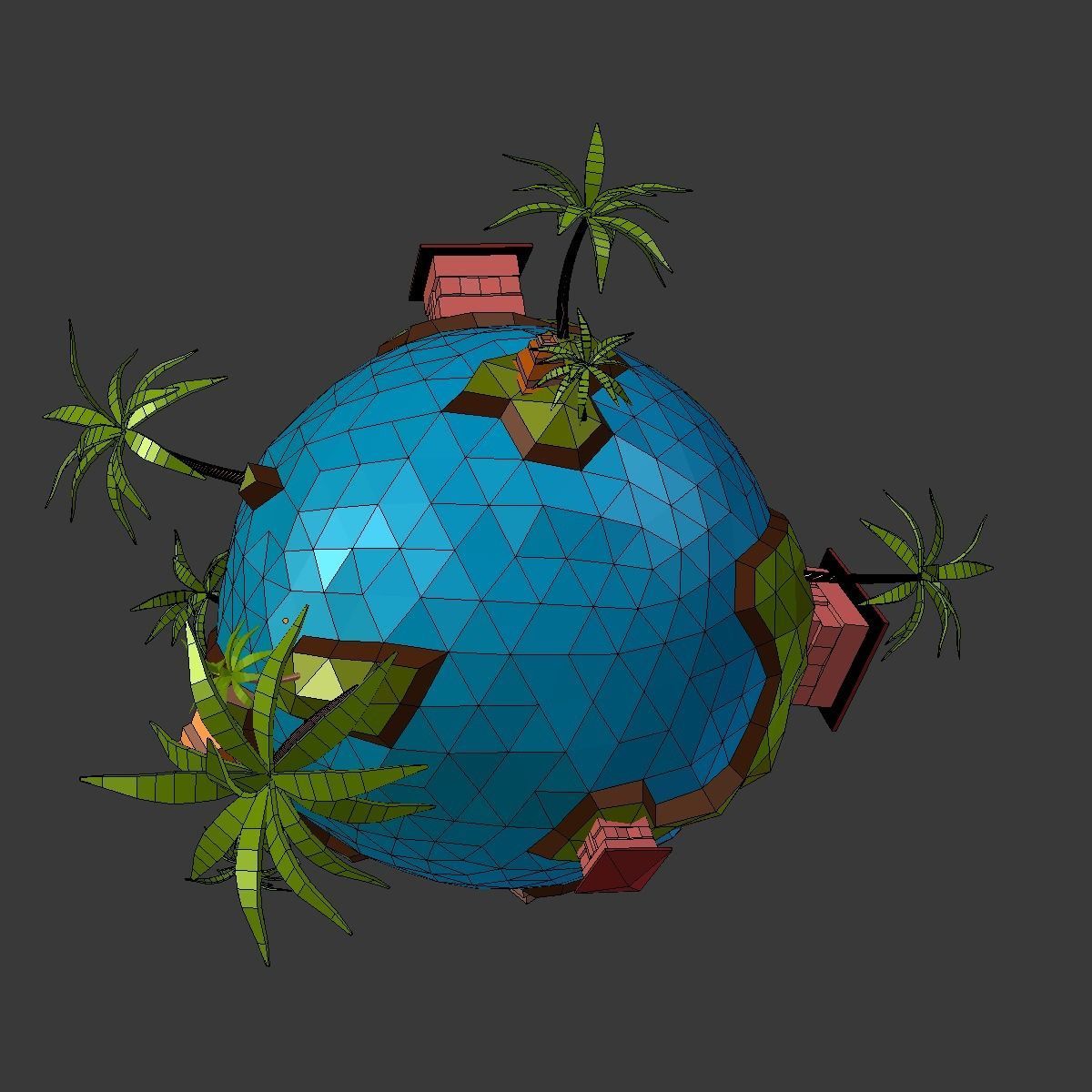 Low-Poly Planet earth with houses and palm trees Low-poly 3D model_7