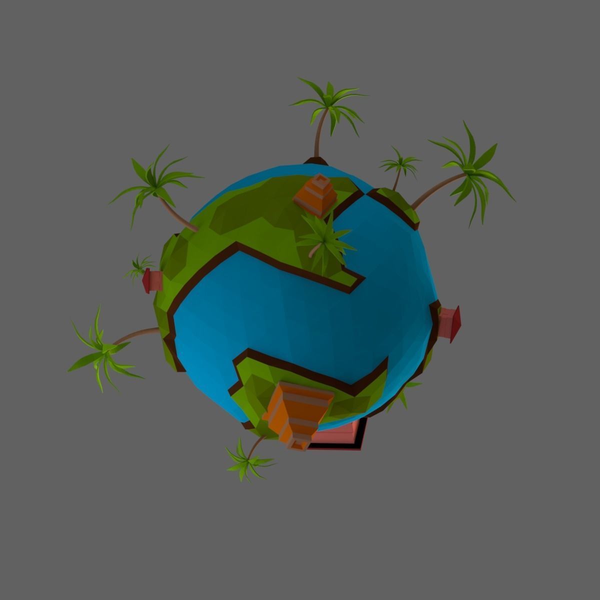 Low-Poly Planet earth with houses and palm trees Low-poly 3D model_2