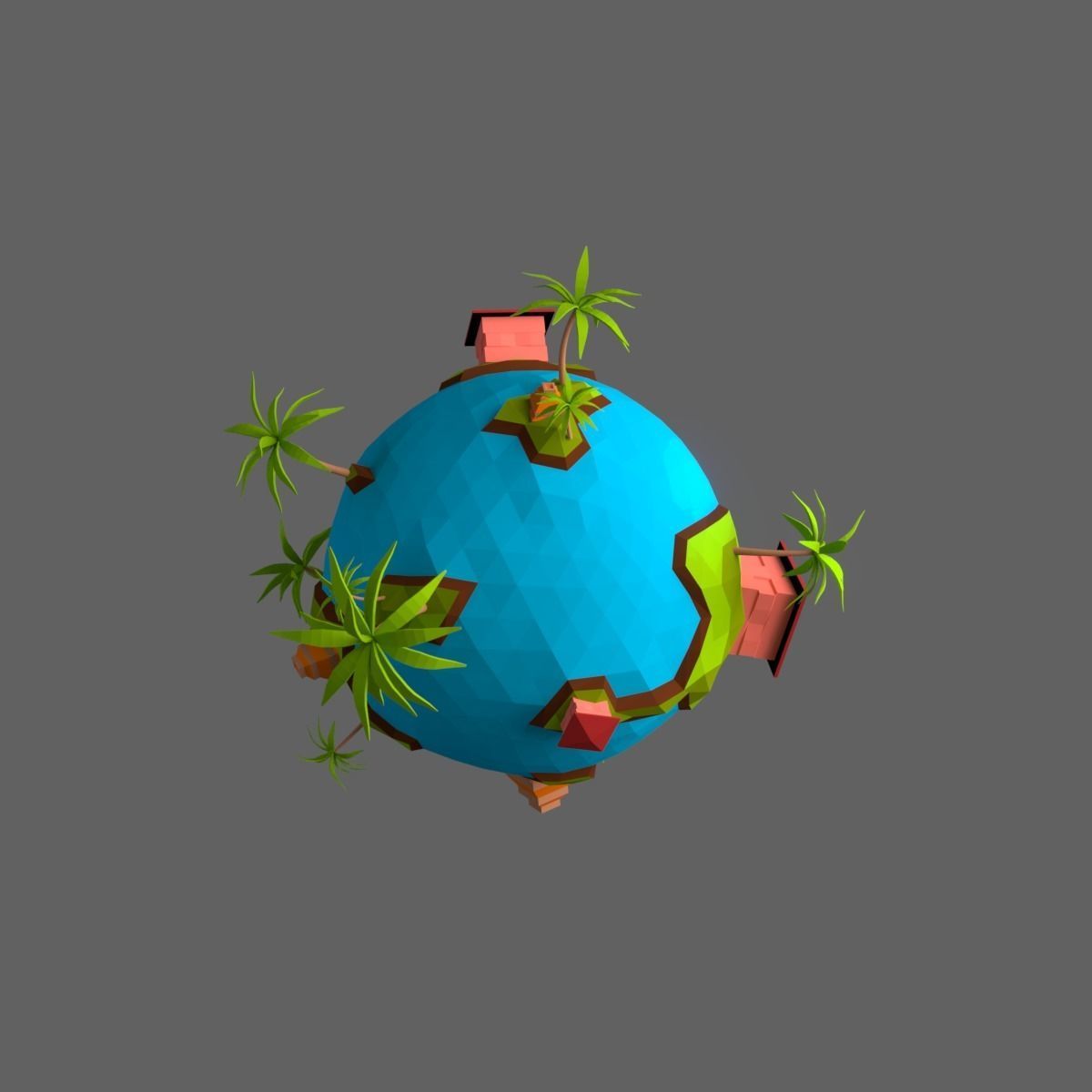 Low-Poly Planet earth with houses and palm trees Low-poly 3D model_3