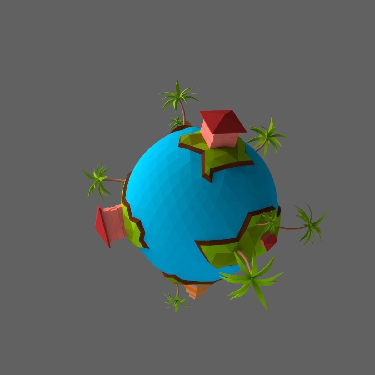 Low-Poly Planet earth with houses and palm trees Low-poly 3D model_1