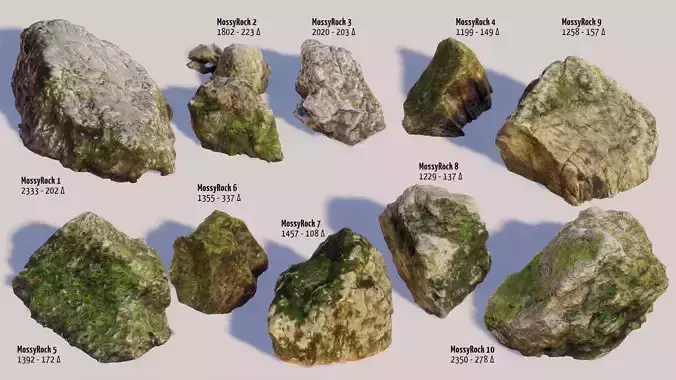 10 Mossy Rocks Pack Low-poly 3D model