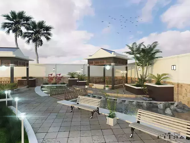 gazebo garden with benches and palm trees