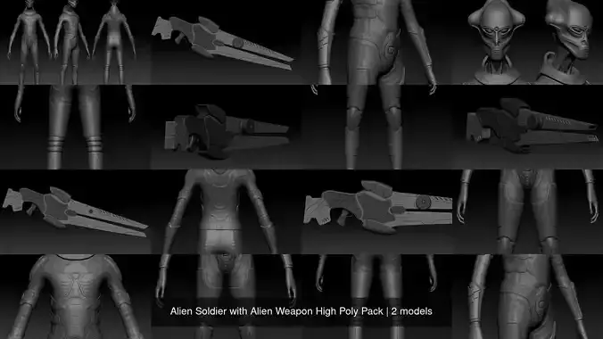 Alien Soldier with Alien Weapon High Poly Pack