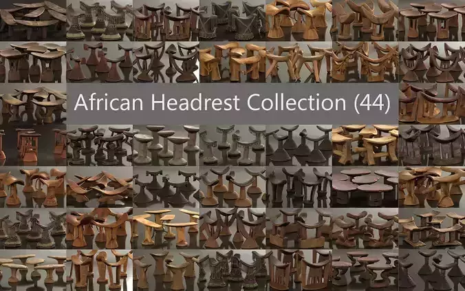 44 African Headrests Antique Carved Wood 3D Model Collection