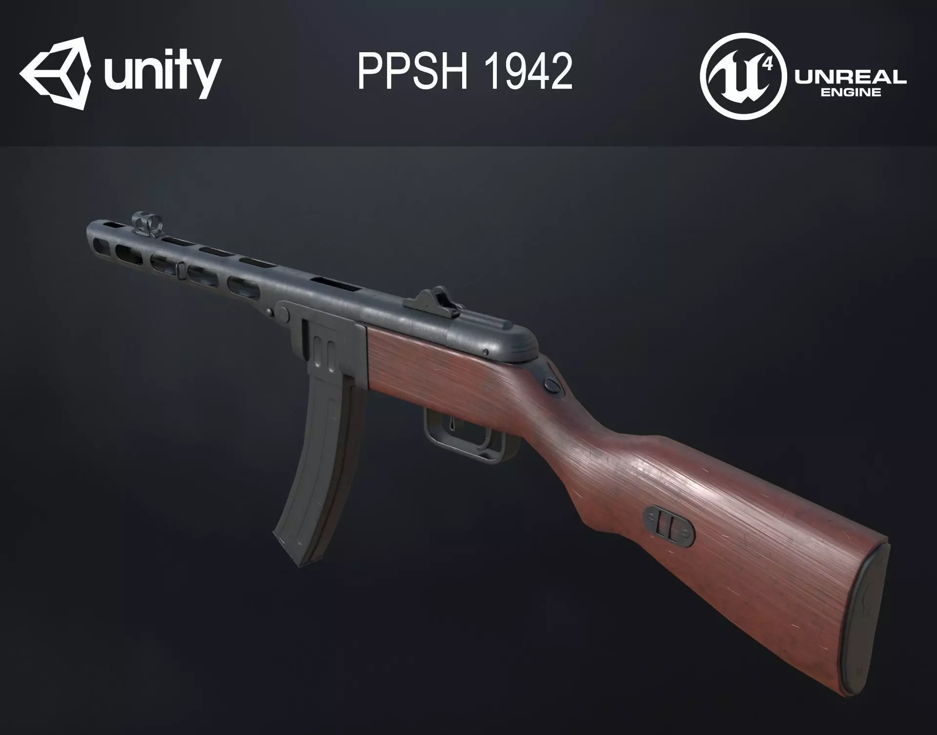 PPSh-41 Soviet submachine gun 1942 Low-poly 3D model_0