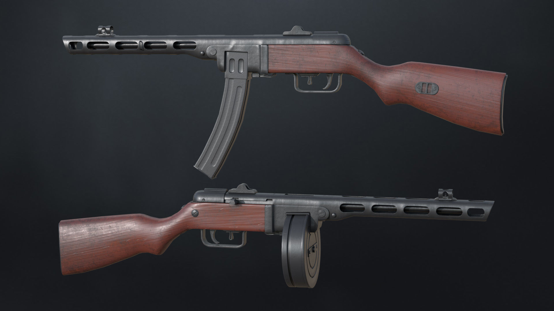PPSh-41 Soviet submachine gun 1942 Low-poly 3D model_1