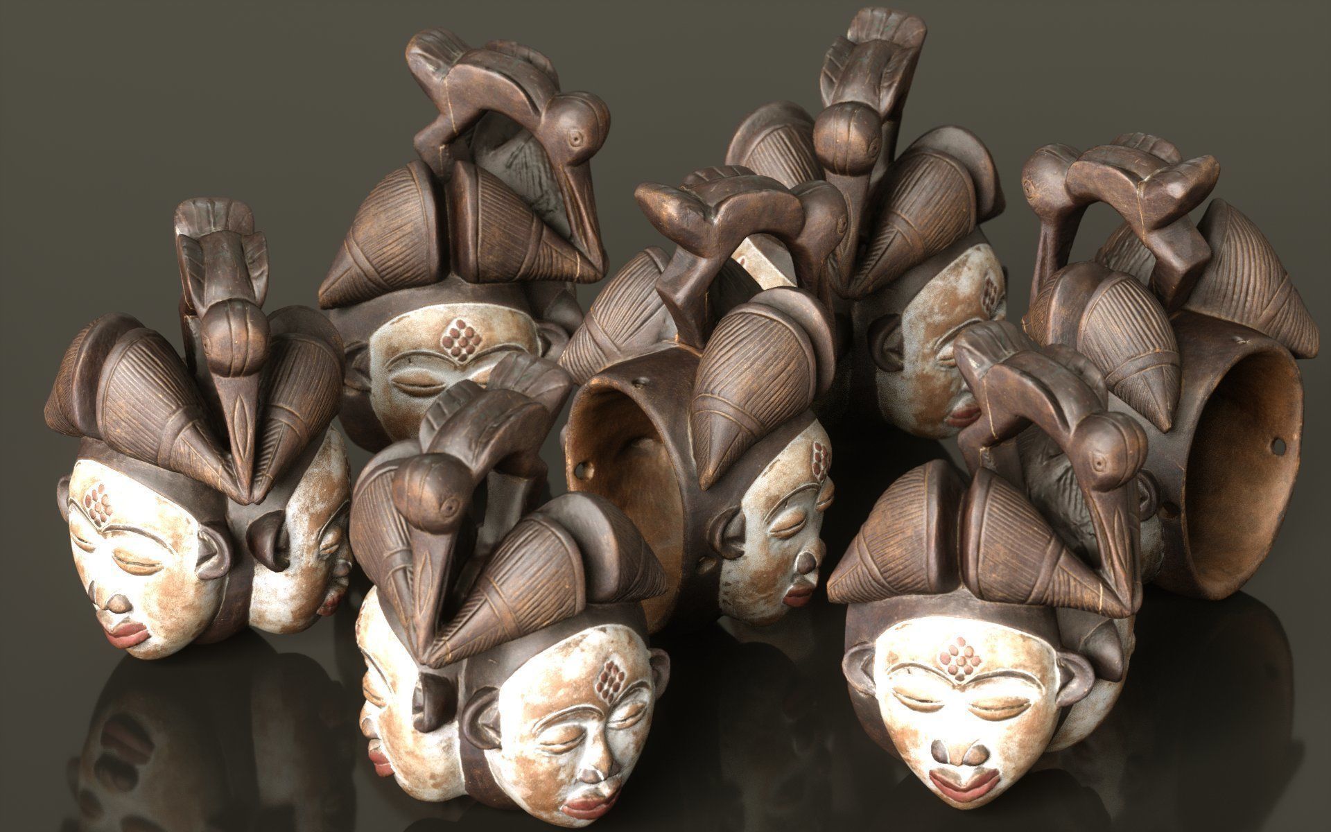 Asian Mask Carved Wood 45 Low-poly 3D model_3