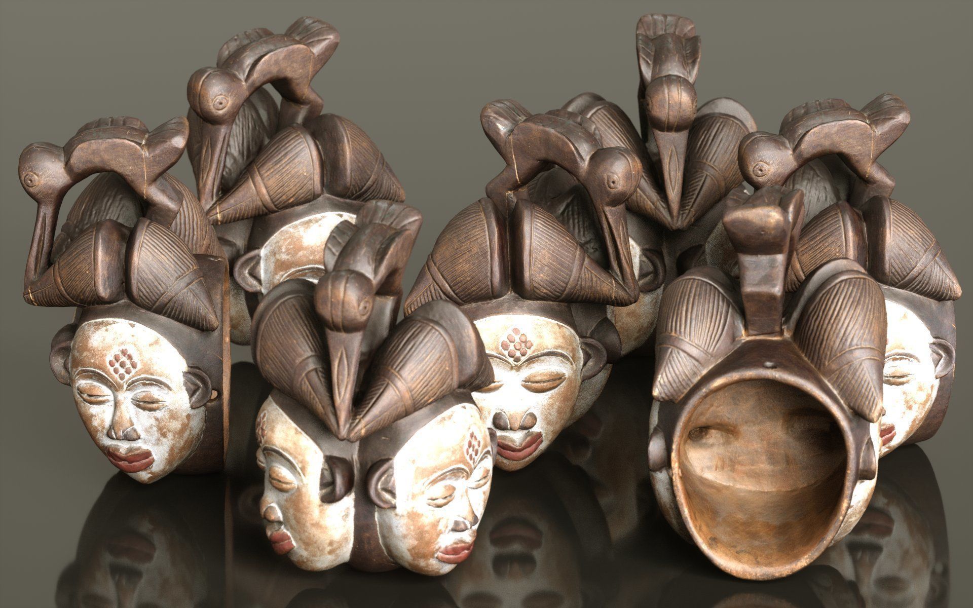 Asian Mask Carved Wood 45 Low-poly 3D model_2