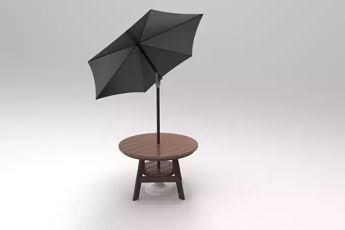 Round Wood Table With Umbrella 3D model