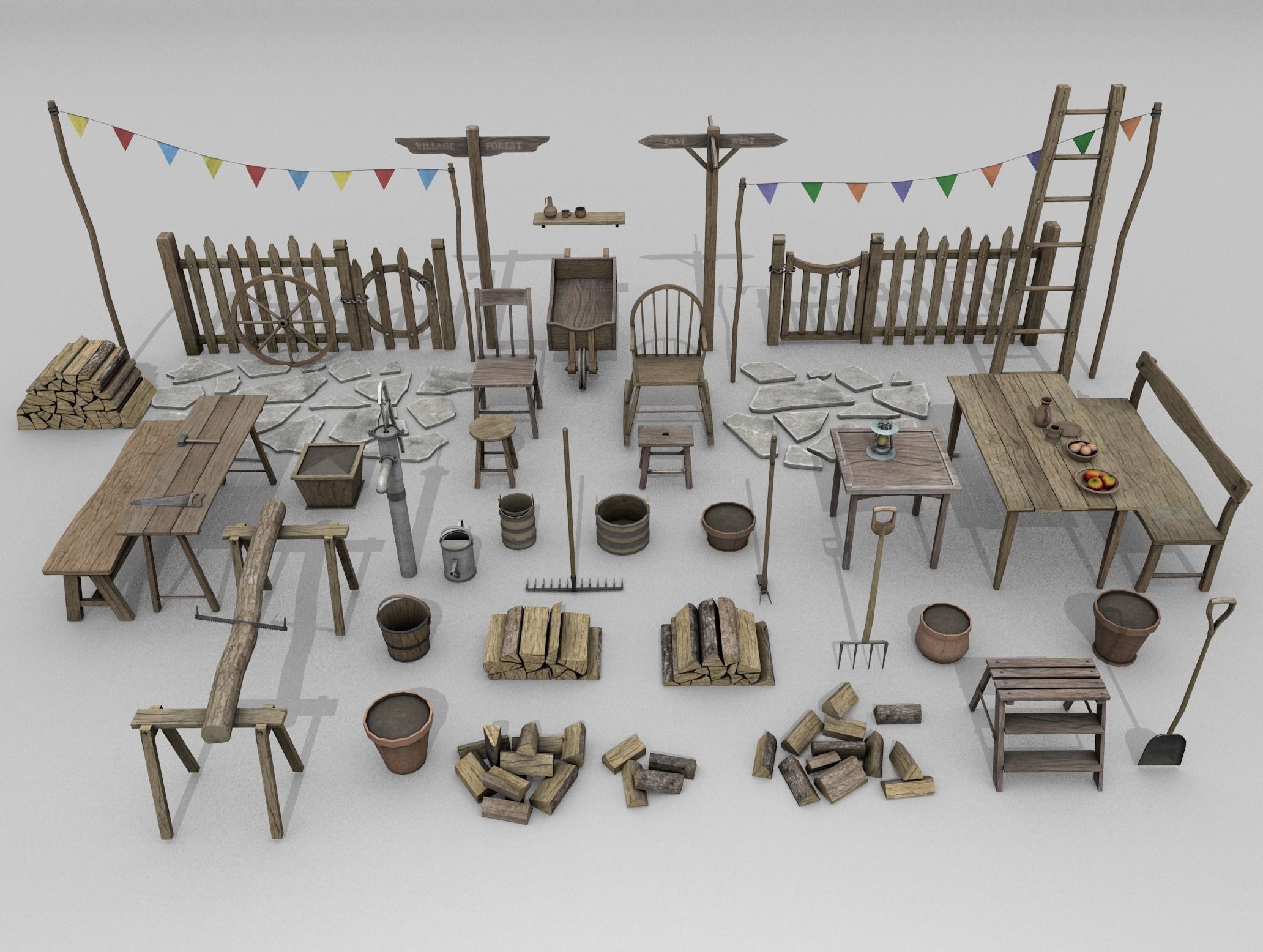 Village Props Low-poly 3D model_1